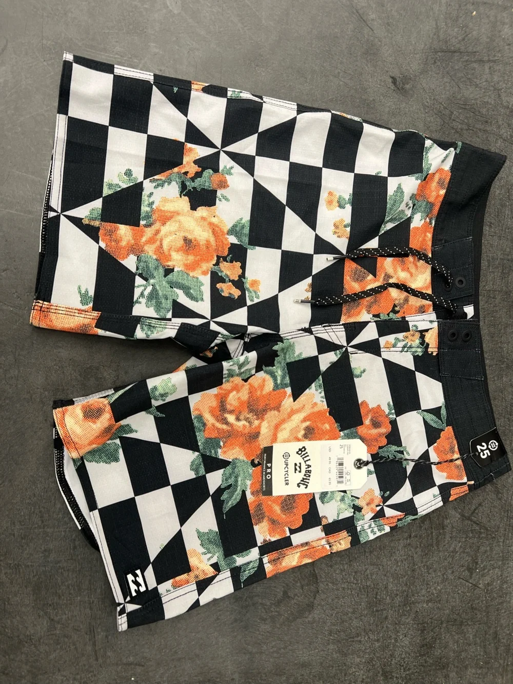 Billabong Black & White Checkerboard Floral Boardshorts - Orange Roses